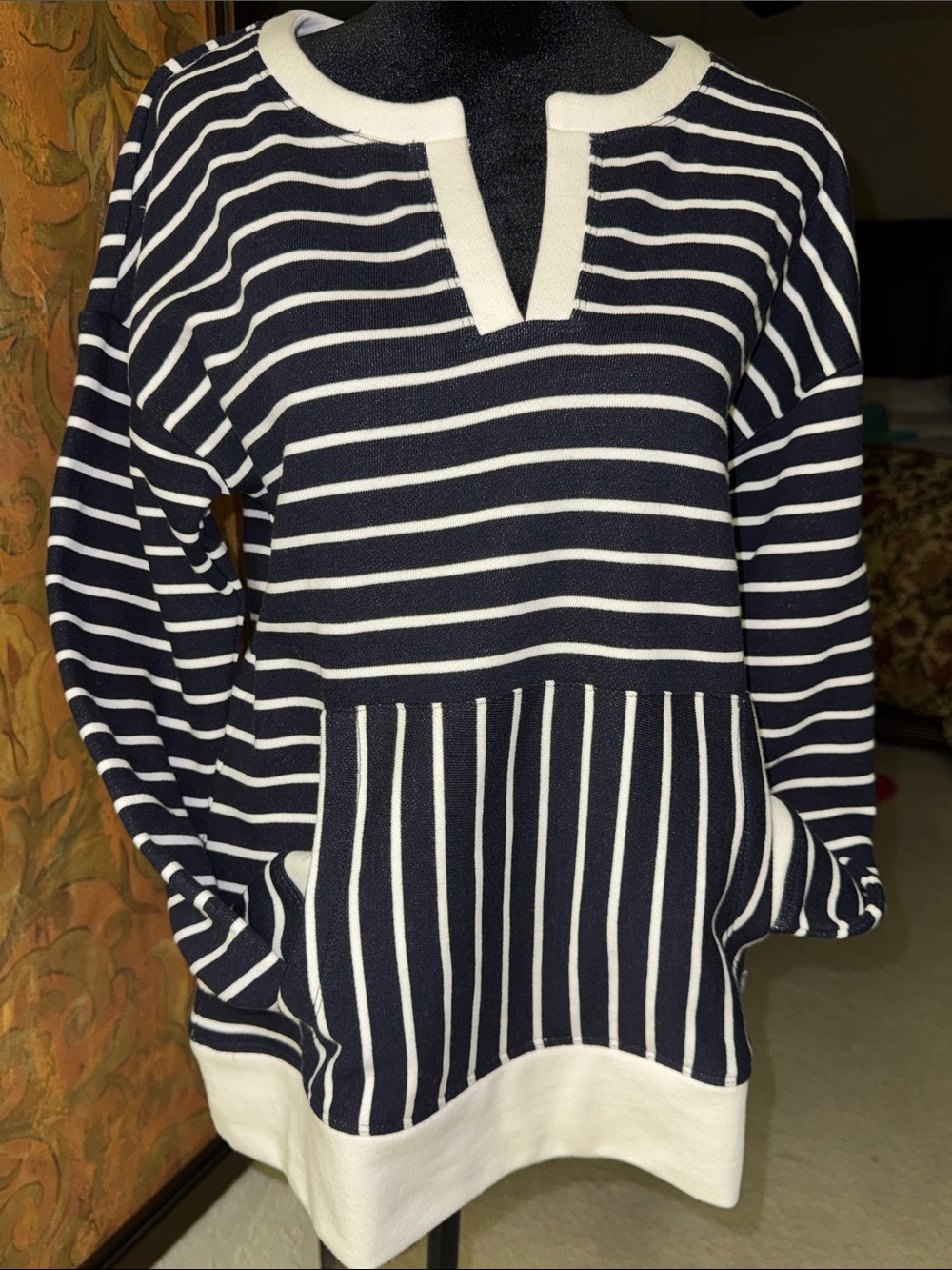 Talbots Navy and White Striped Crewneck Pullover sweatshirt front pocket NWT SM